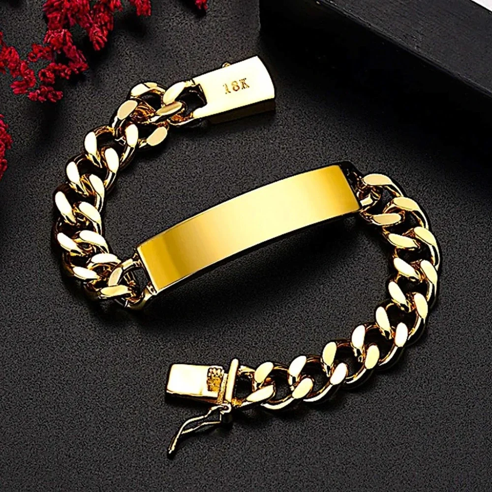 Gold Plated Name Tag Cuban Unisex Chain Link Bracelet - Picture 3 of 10
